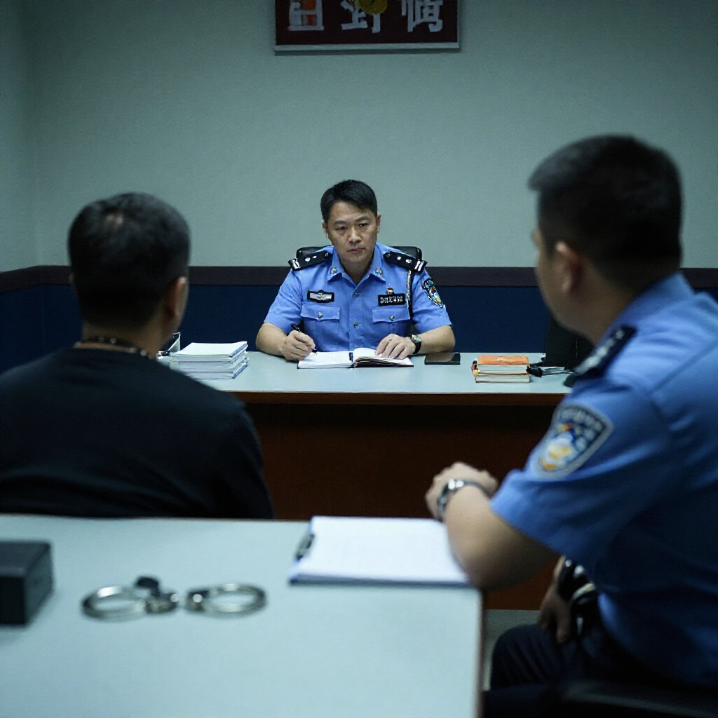 警察局偵訊室中,穿制服警官與坐著的嫌疑人隔桌對坐,昏暗頂燈營造緊張氛圍,桌上筆記本、筆與手銬