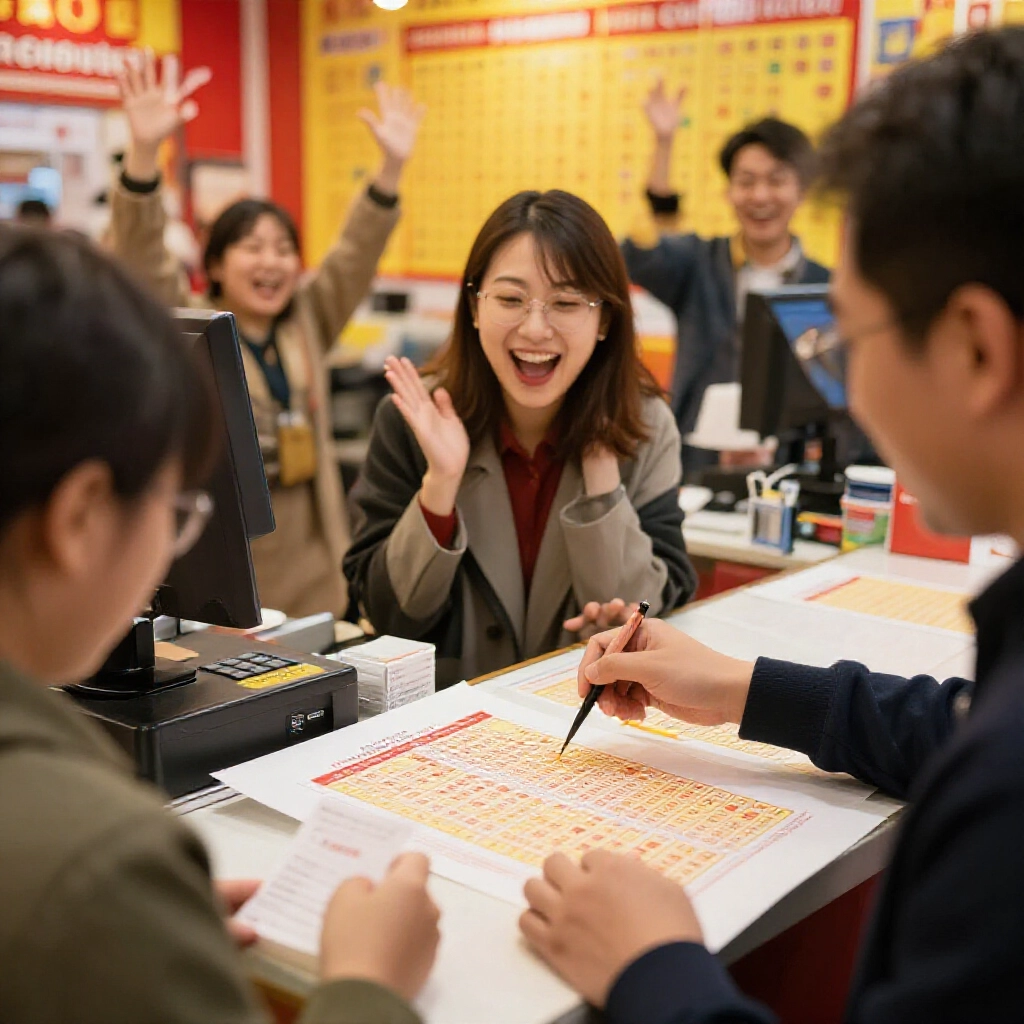 彩券行櫃檯顧客在系統組合區劃選八個號碼，收銀員顯示總金額收據，溫暖黃紅燈光，興奮期待臉龐，樂透海報背景