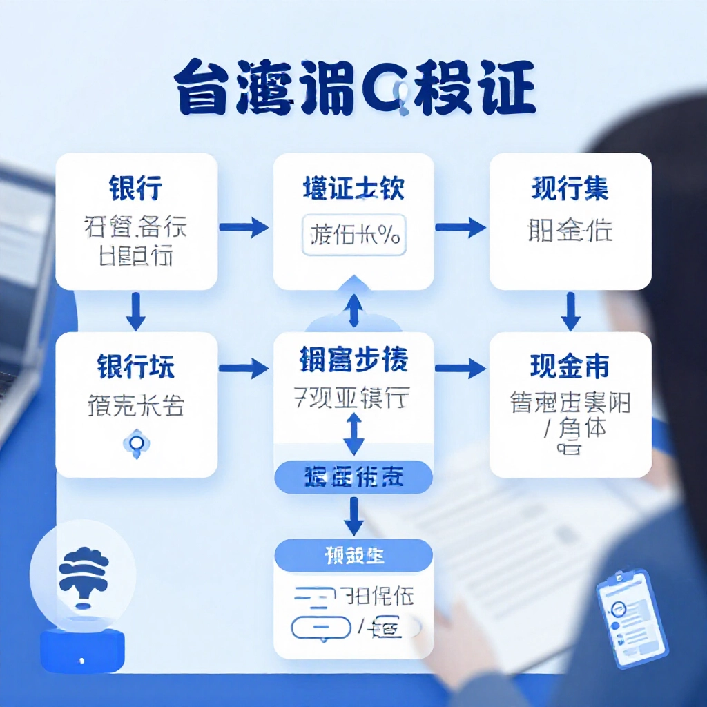 註冊流程步驟流程圖，身分驗證、銀行綁定、領取獎金至提款，清爽教學圖形，台灣元素，藍色調專注工作空間