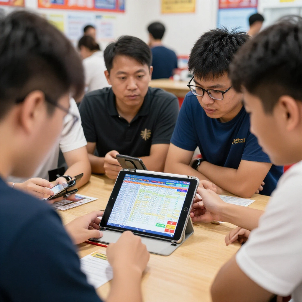 台灣玩家在投注站專注查看系統組合包牌選項,平板顯示價格表與覆蓋圖表,充滿策略討論與活力