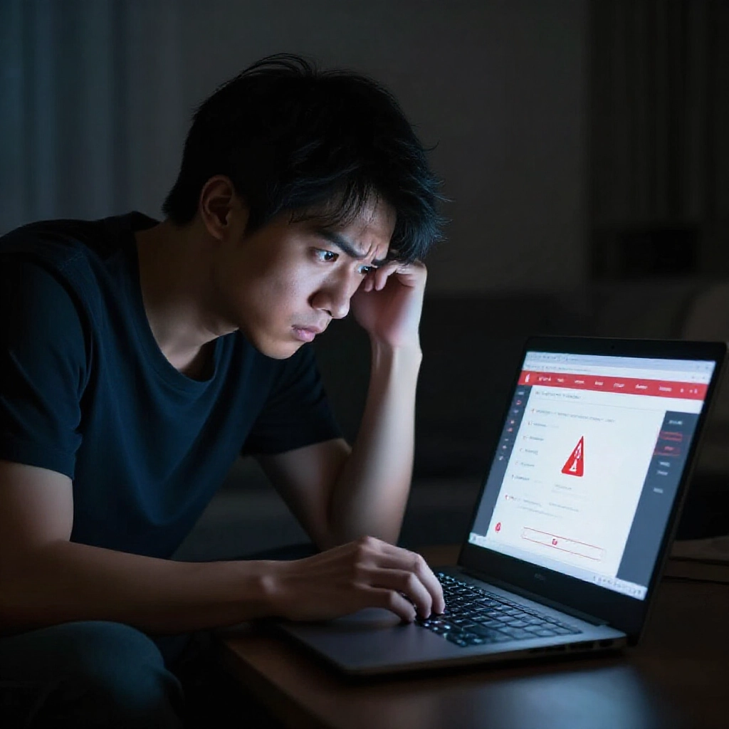 一位擔心的年輕台灣男子深夜在昏暗房間內，彎腰盯著筆電螢幕，顯示鎖定的賭博帳戶與紅色警告圖示，臉上充滿緊張表情