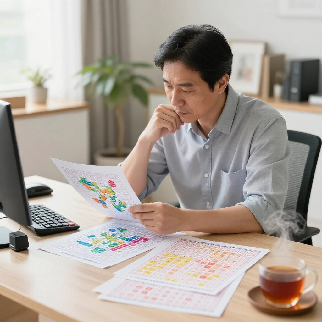 一位中年台灣男性在明亮家辦公室專注研究彩色圖表,對比連碰互聯號碼群與立柱分組,周圍有計算器、彩票單據與熱茶,沐浴柔和日光
