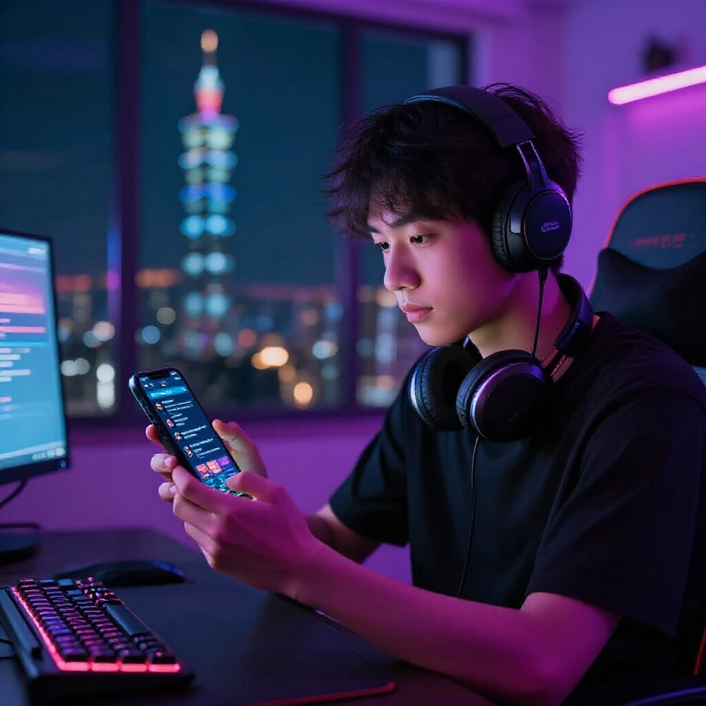 年輕台灣玩家在霓虹燈照亮的都市公寓，凝視顯示娛樂城 App 介面的智慧型手機，背景模糊論壇討論與台北夜景窗外
