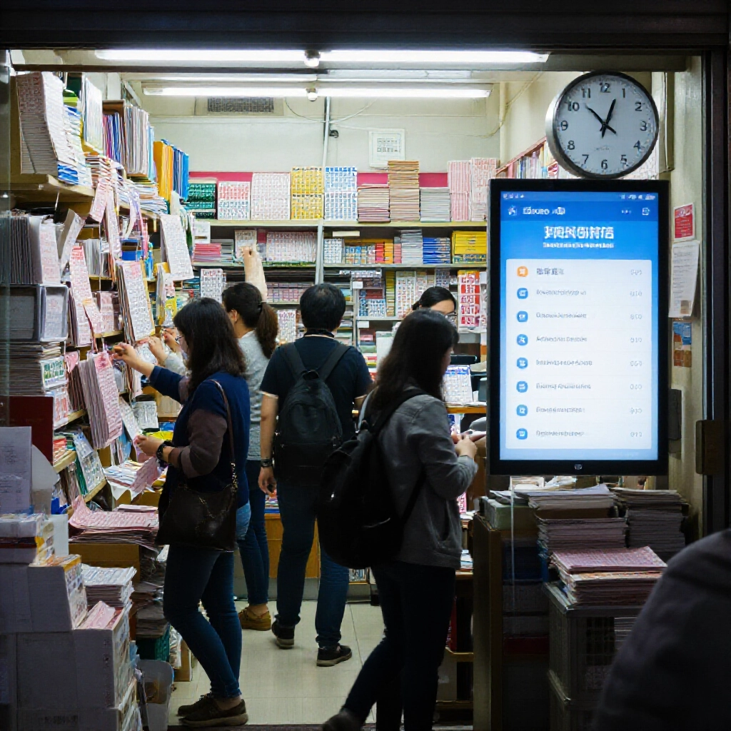 台灣彩券行晚間忙碌內部，顧客趕緊填寫紙本投注單，店員查看關店時鐘，對比手機螢幕顯示全天候線上投注介面。