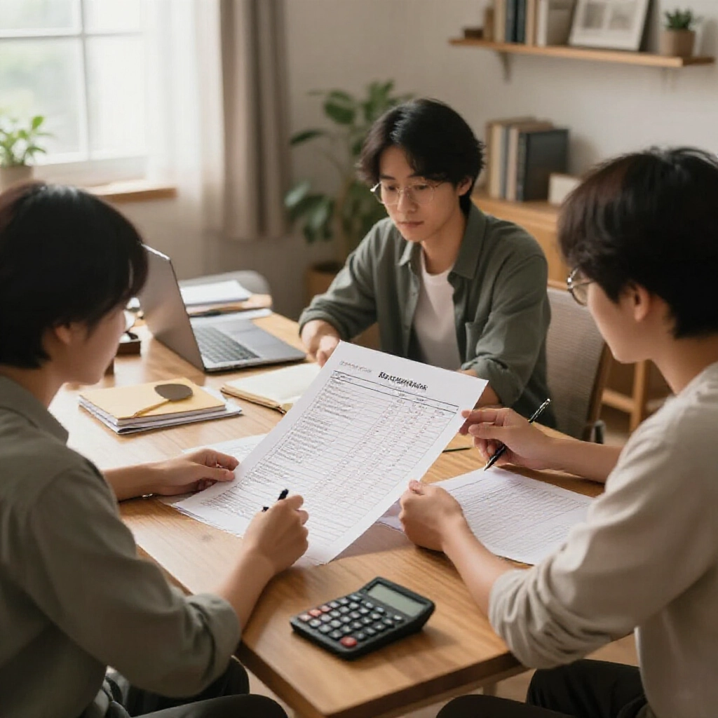 溫馨居家辦公室,專注玩家檢視印製包牌成本表,桌上計算機與筆記散落,柔和窗光照亮台灣在地組合圖解,沉思表情