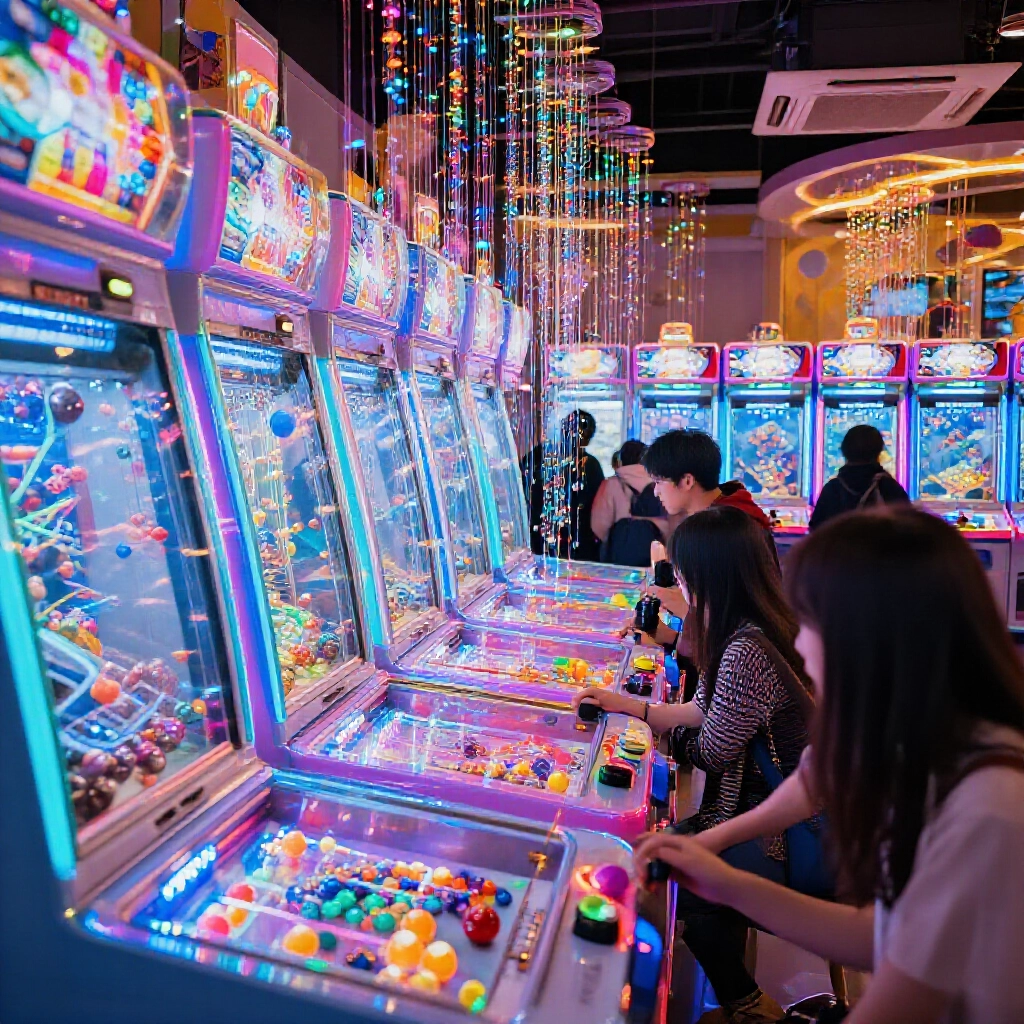 熱鬧現代日本柏青哥店堂,排滿發光垂直機台,彩色燈光閃爍,鋼珠沿遊戲場傾瀉,專注玩家在霓虹照明下發射鋼珠