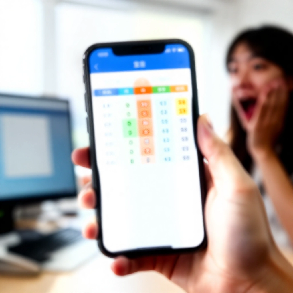 智慧型手機螢幕顯示台灣運彩比賽結果頁面,色彩繽紛的賽事比分與圖示,在明亮的辦公室日光下,興奮的使用者熱切查詢