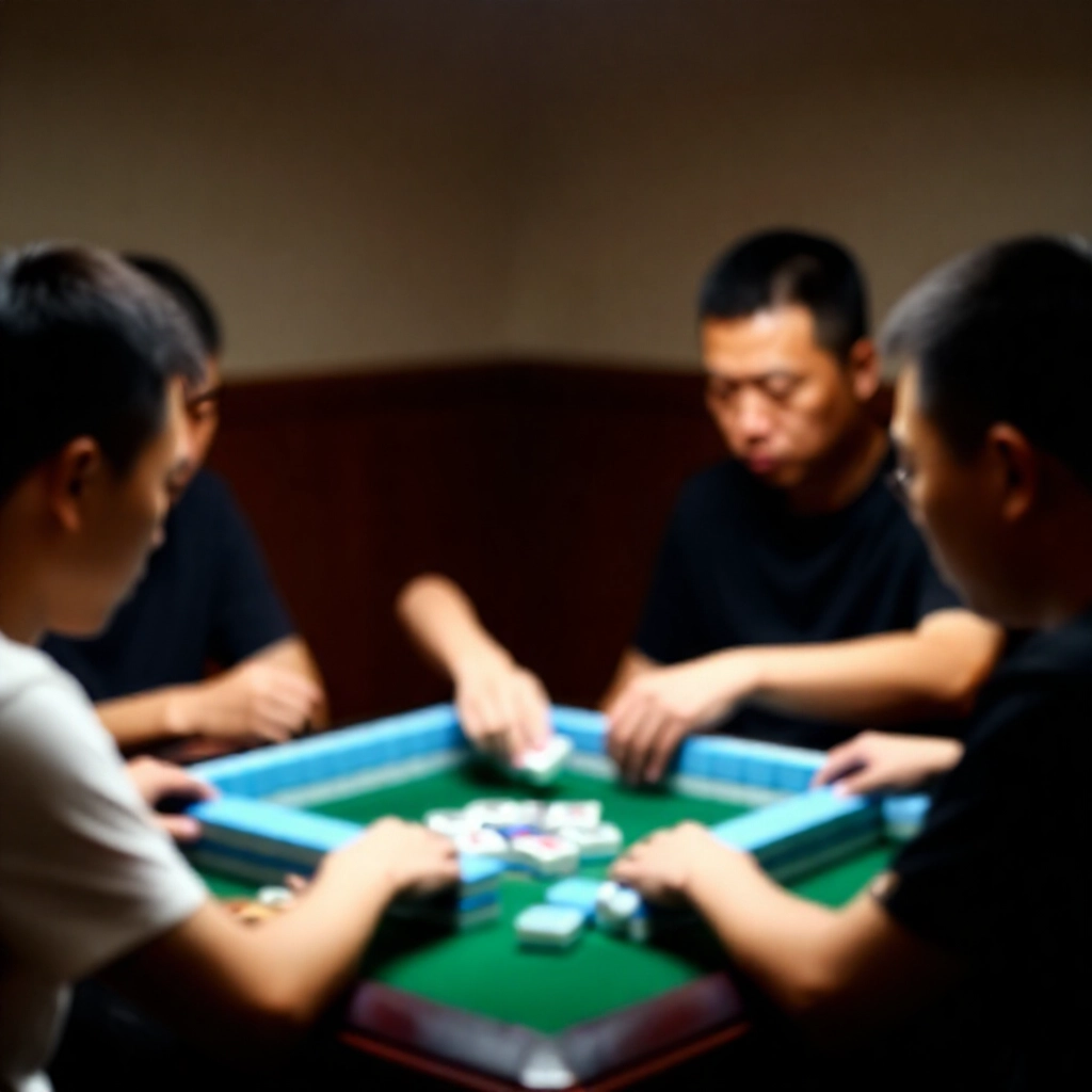 三位玩家專注討論麻將桌規則，視覺提示禁止吃牌但強調碰優先，手示範碰動作，嚴肅專注表情在傳統設置聚焦燈光下