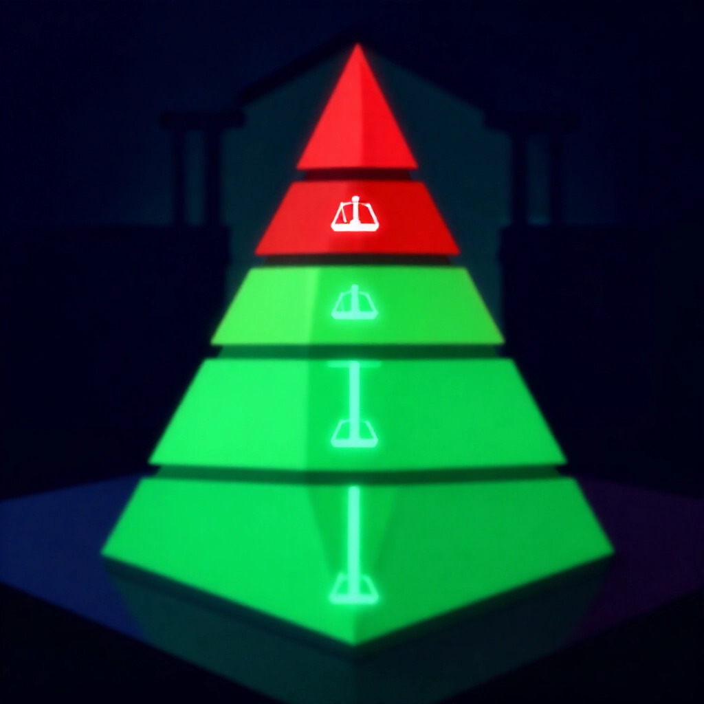 紅綠分層金字塔圖示法律風險等級,陰影法庭元素與發光安全路徑在黑暗氛圍中