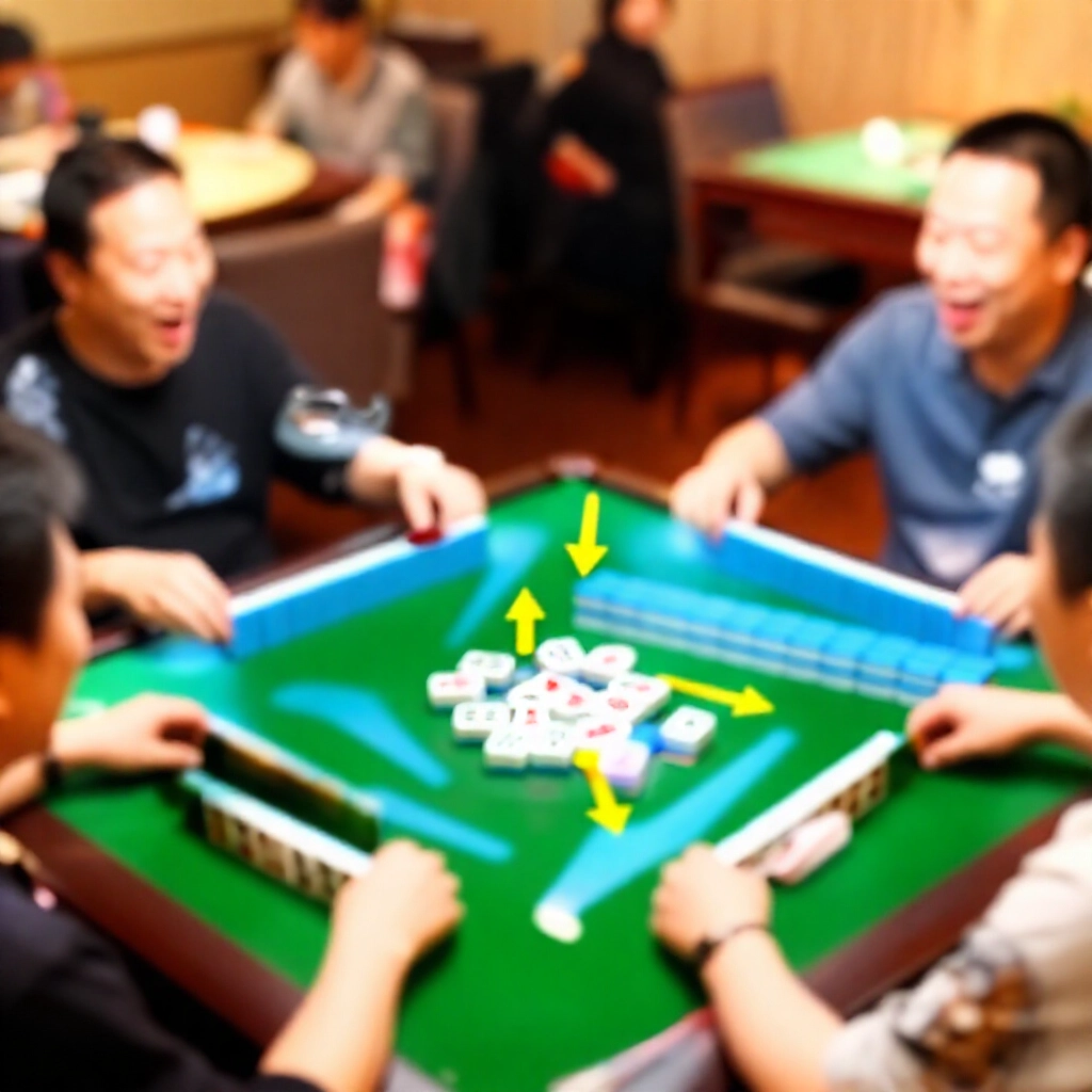 莊家連莊獲勝的動感場面,箭頭指示輪轉與分數倍增,興奮玩家圍繞綠桌熱鬧氛圍