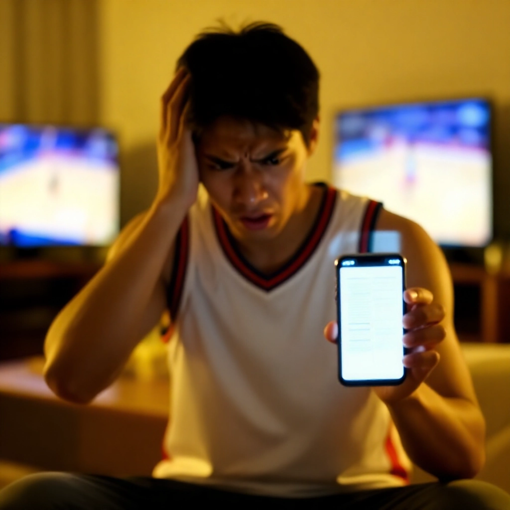 年輕男子穿運動球衣，沮喪地拿著手機，螢幕顯示故障排除流程圖，客廳緊急氛圍，電視背景模糊籃球賽事