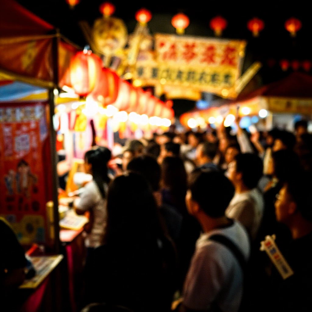 熱鬧台灣節慶夜晚場景,興奮民眾圍繞彩色彩票攤位,在紅燈籠金光下揮舞彩票期待加碼獎金