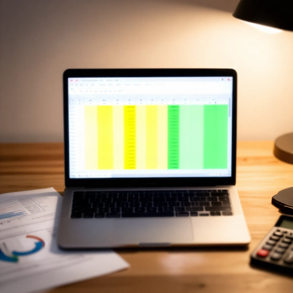 筆電螢幕顯示 Excel 試算表,以黃色與綠色凸顯頻率數據,周圍有列印圖表與計算機,在木桌上的暖燈光下