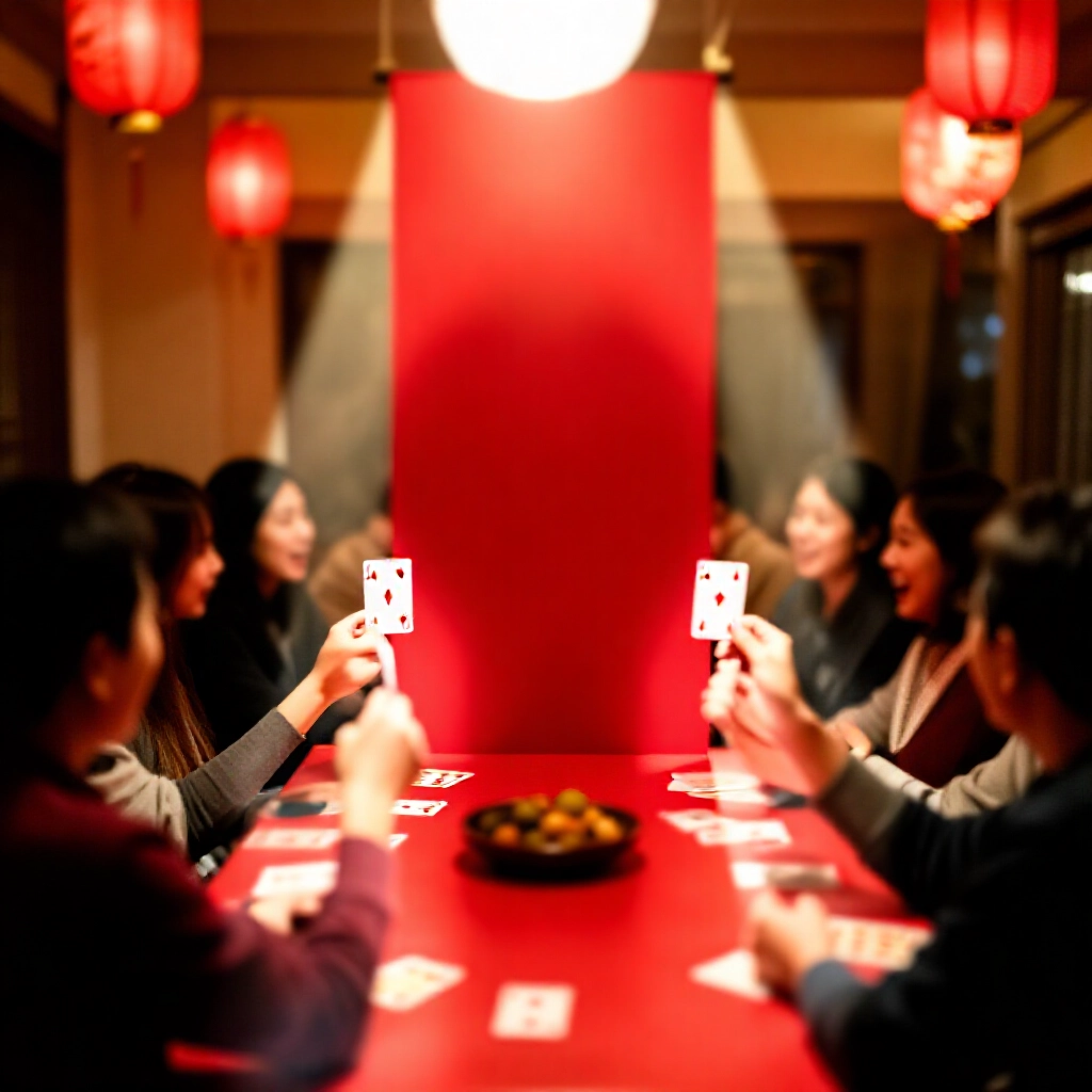 台灣過年圍爐朋友聚會，紅桌子上擺放撲克牌門柱，中間空位待球牌，燈籠燈光溫馨，歡笑滿屋