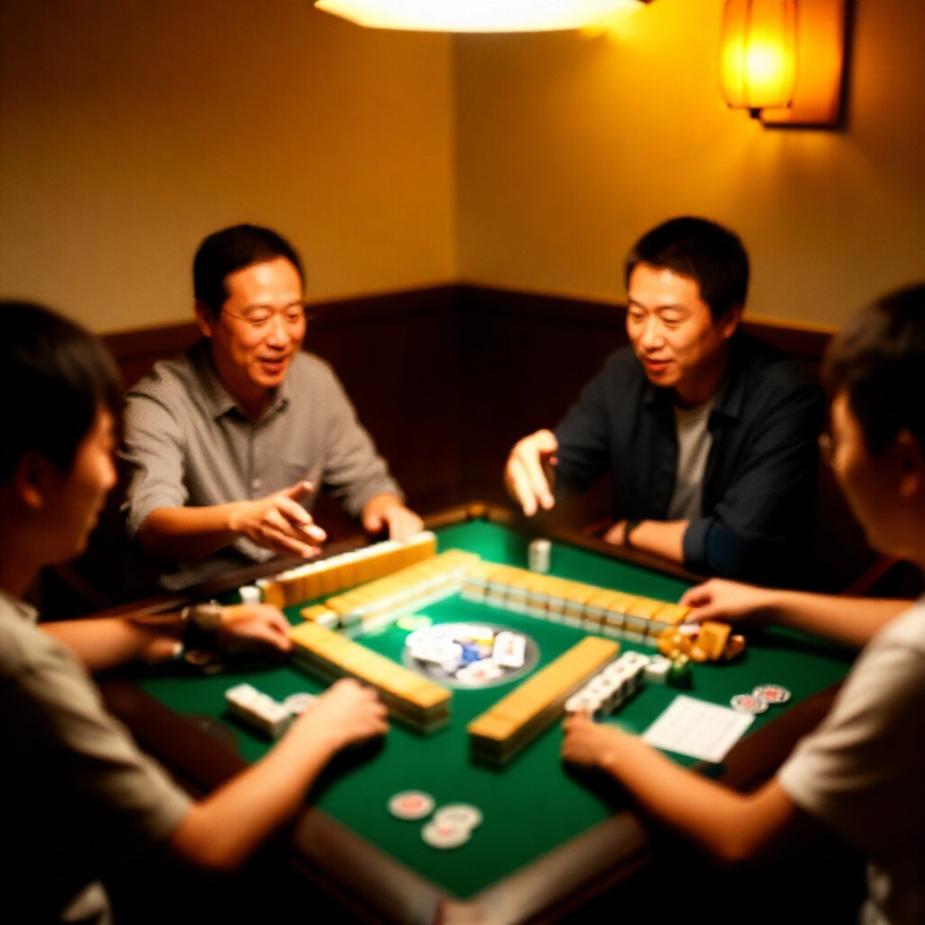 四位熱情玩家圍坐溫馨麻將桌,竹牌散落計分表與籌碼在燈籠暖光下比手畫腳解釋計分