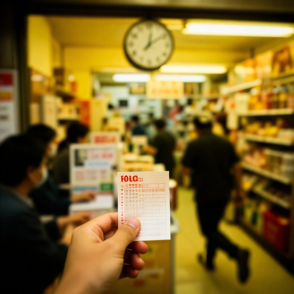 焦急的投注者在台灣社區店面內,拿著新買的運動彩券衝向櫃檯,時鐘接近10分鐘標記