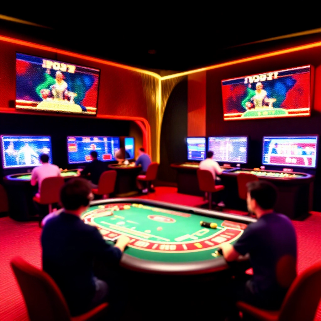 沉浸式 3D 遊戲競技場,動態體育投注螢幕以鮮豔紅金色調呈現,玩家投入真人百家樂桌,流暢動畫與高賠率顯示