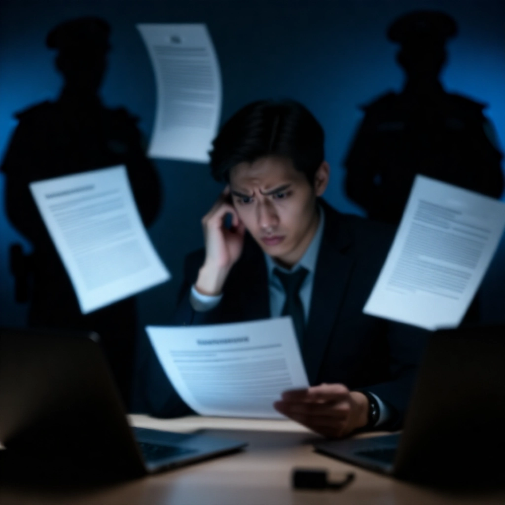 年輕專業人士在桌前審閱線上荷官工作合約，神情憂慮，周圍浮動法律文件與陰影警察身影，緊張昏暗燈光