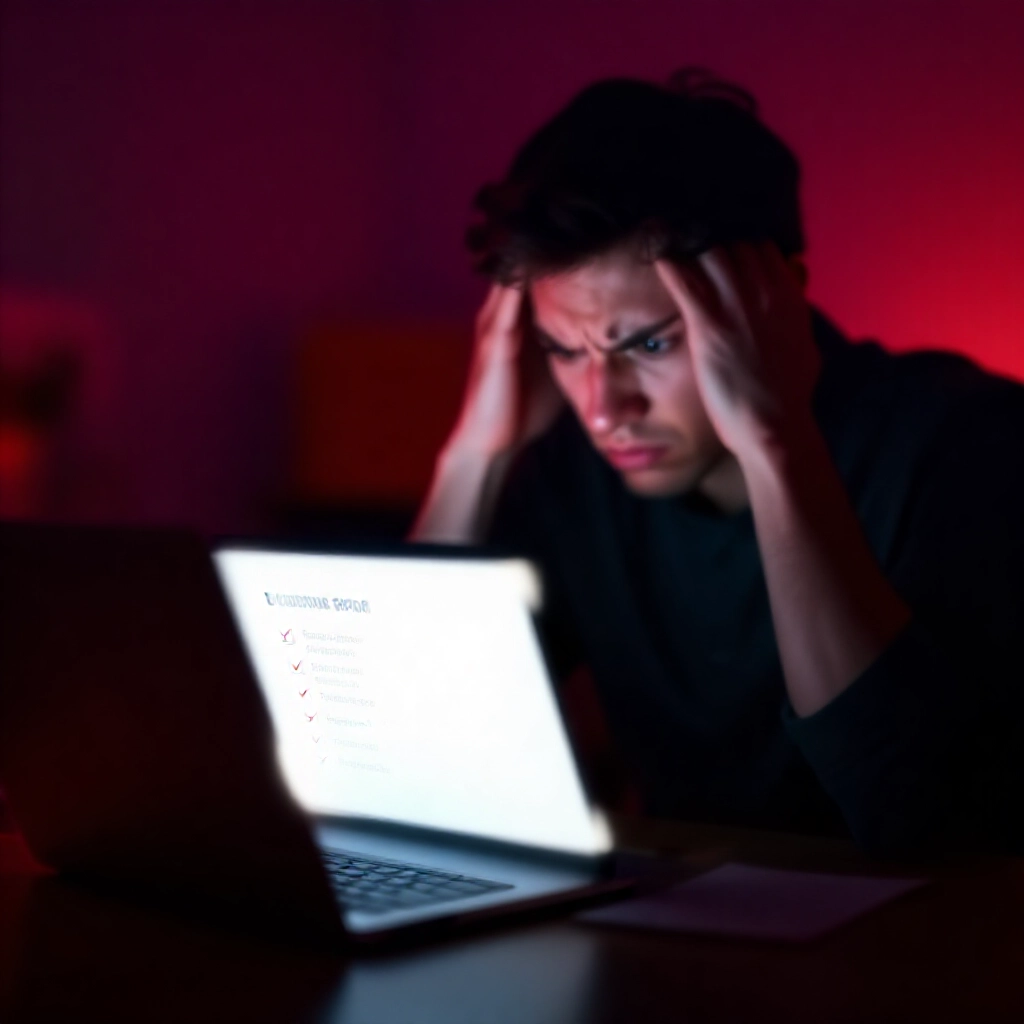 沮喪使用者在昏暗房間檢查筆電錯誤通知,附失敗原因檢查流程圖,紅色強調緊張氛圍