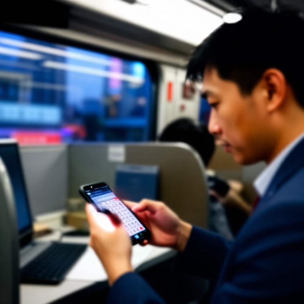 通勤中的台灣上班族手持智慧型手機開啟樂透 App 選號,窗外城市景觀飛馳而過