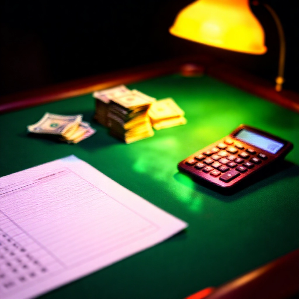 計算器顯示投注結果，綠色氈桌上的現金堆疊與散落，溫暖檯燈在比分單上投下戲劇性陰影