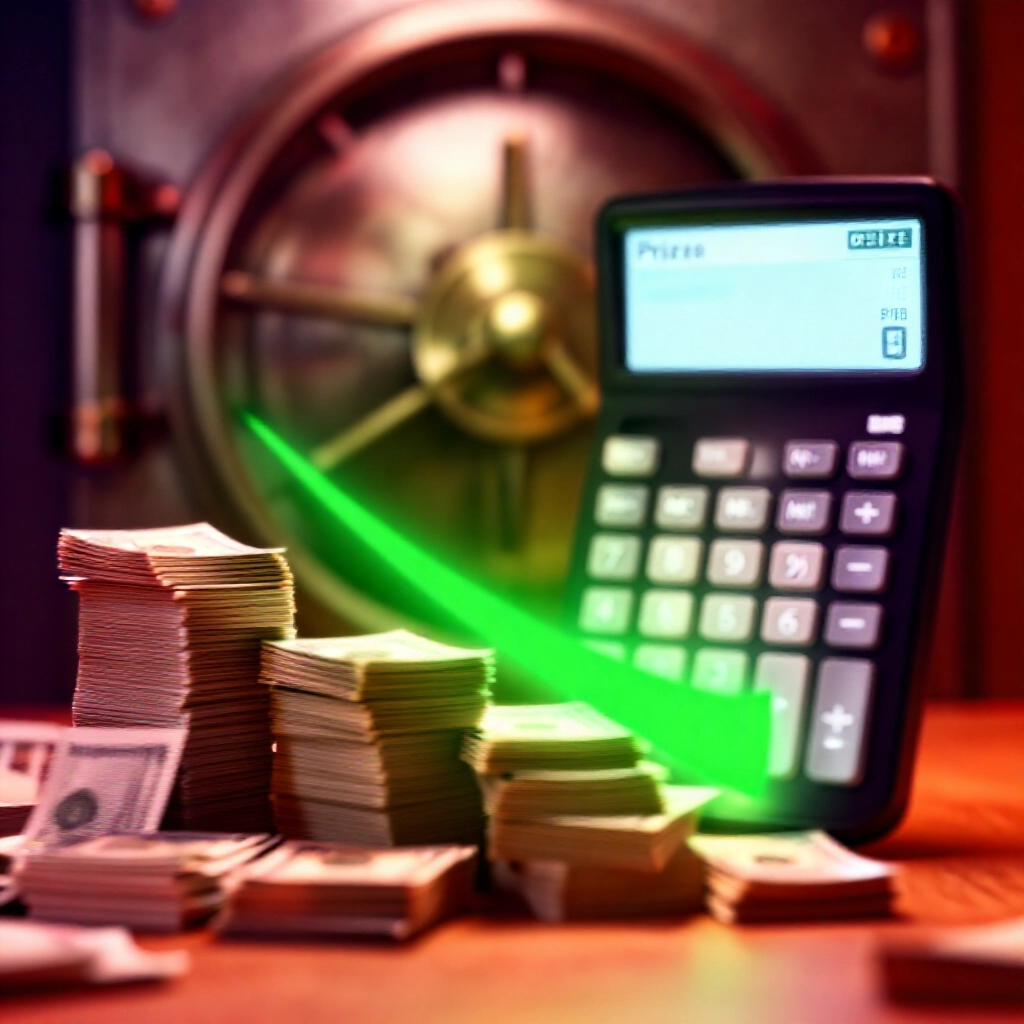 財務計算器螢幕顯示獎金扣稅流程,金錢堆縮減至淨額,綠色成功光芒,可信銀行金庫背景,溫暖燈光