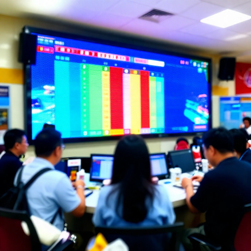 熱情的台灣運彩玩家在現代樂透中心圍繞大型數位螢幕，顯示多彩串關投注選項，背景播放動感球場畫面，充滿活力燈光