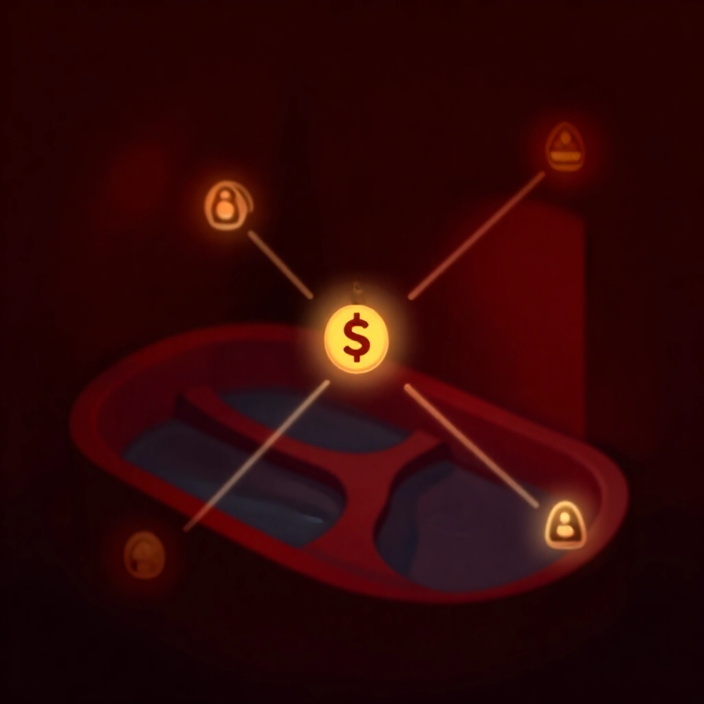 詳細陰影圖表顯示玩家銀行帳戶經地下水房與代理支付的金流,暗紅色調並有發光警示標記