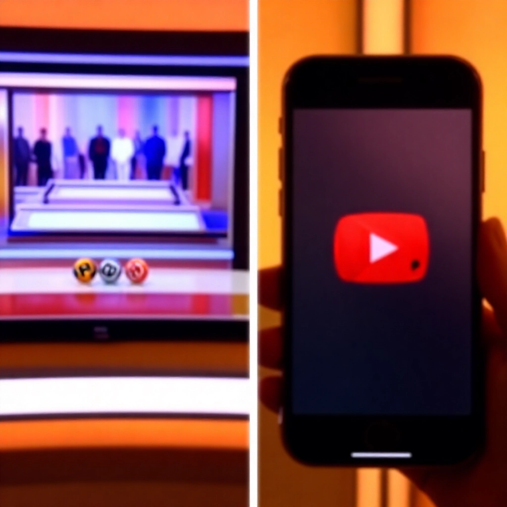 分割畫面顯示清晰電視開獎直播與延遲的手機 YouTube 串流,突顯時間落差差異