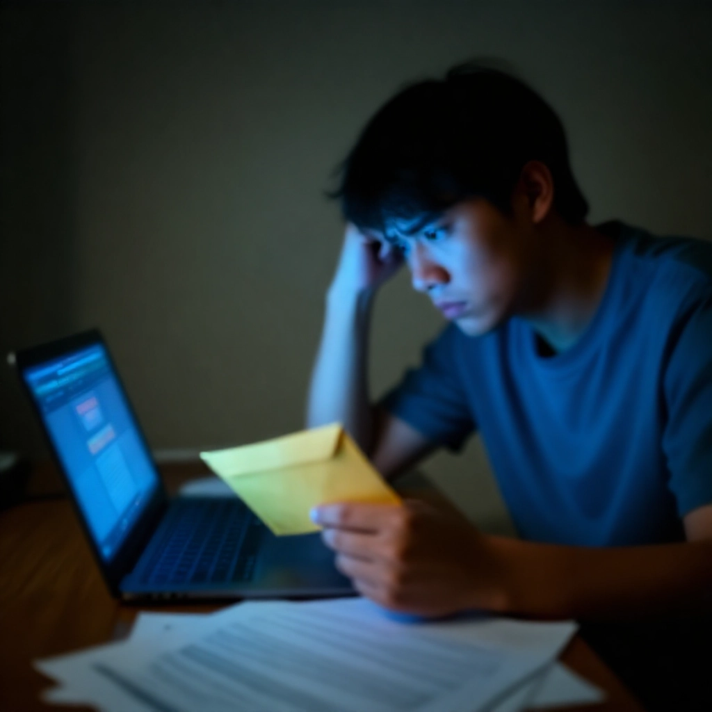 擔心的台灣年輕男子在家握著公文信封，盯著顯示博弈介面的筆電，藍光映照緊張臉龐，桌上散落文件