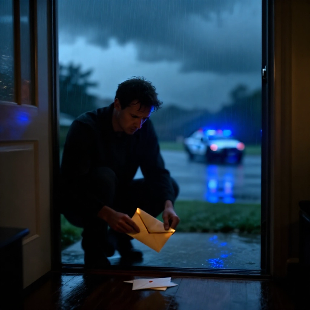 擔憂男子在家門口開啟不祥信封，遠處警車在暴風雨灰空與雨水反射藍色警示燈光