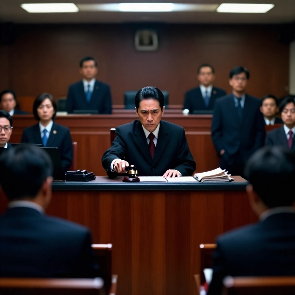 台灣法庭激烈場面嚴肅法官敲擊法槌周圍檢察官律師與戴手銬西裝男子代表博弈老闆昏暗頂燈木椅滿座觀眾戲劇性聚光燈