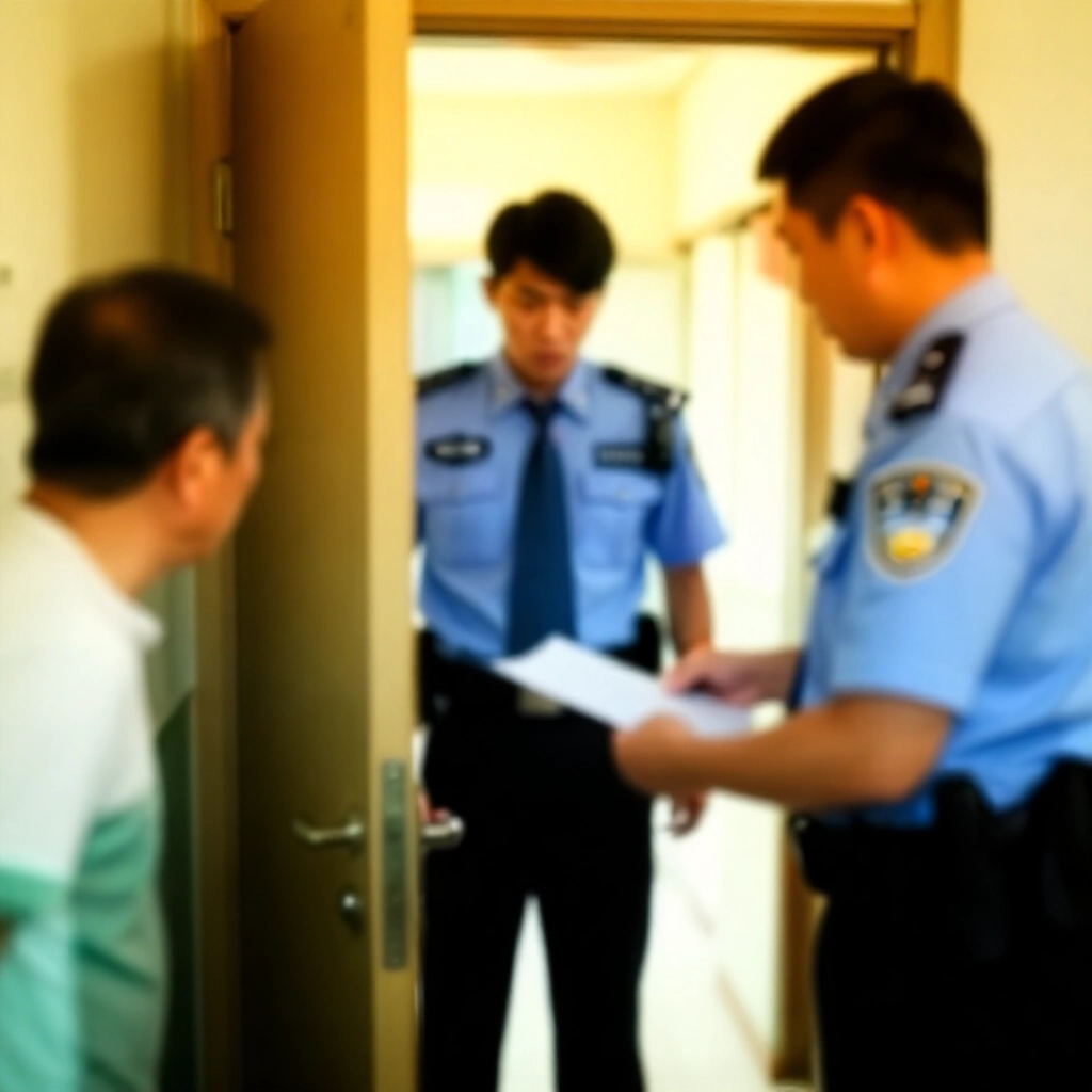 一位驚訝的中年玩家在台灣公寓門口,從穿制服警察手中接收傳票,陽光普照的緊張氛圍