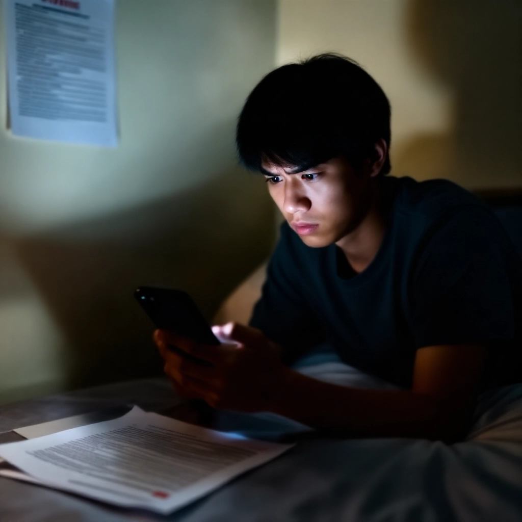 一位年輕台灣男子在昏暗臥室中,焦慮地用智慧型手機檢查 i88 娛樂城網站,周圍散落法律文件,表情恐懼