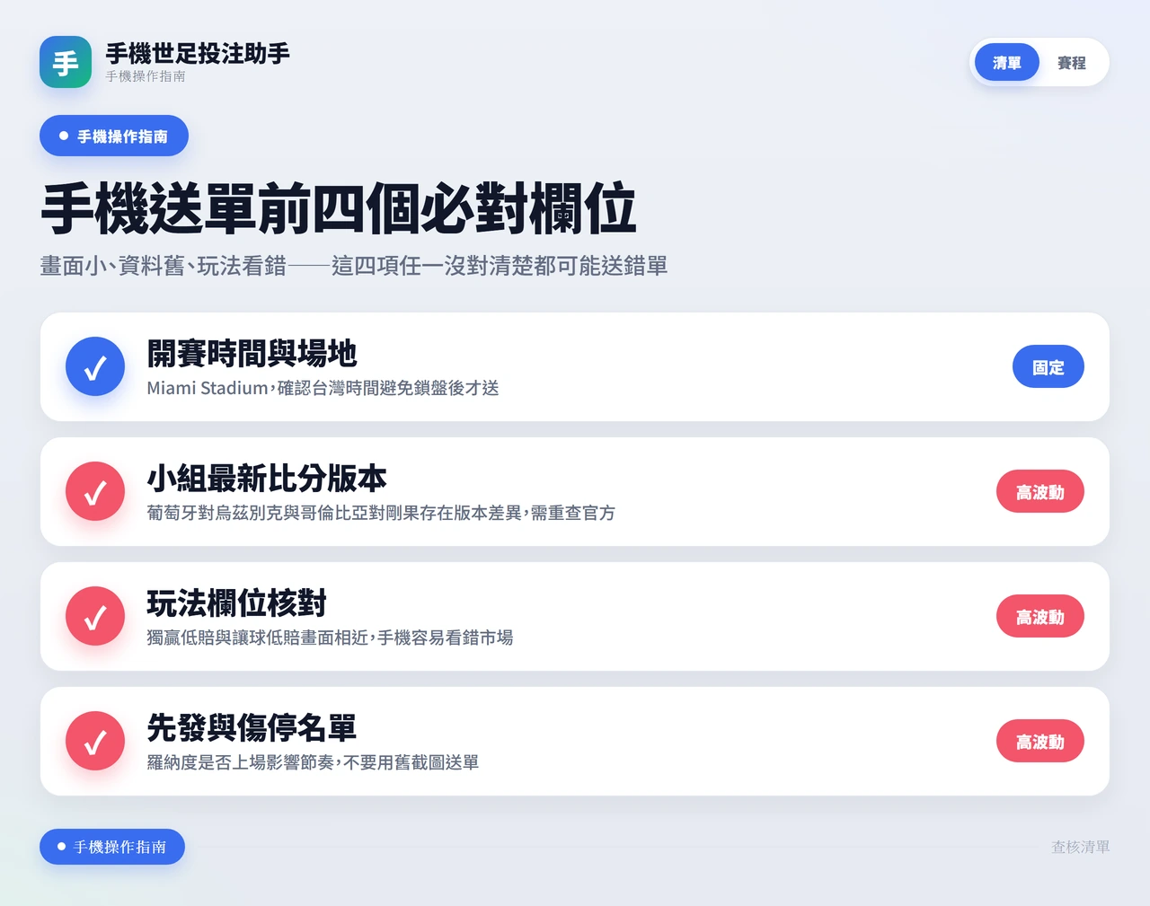 2026世界杯哥倫比亞對葡萄牙手機投注前核查清單，列出四個關鍵欄位