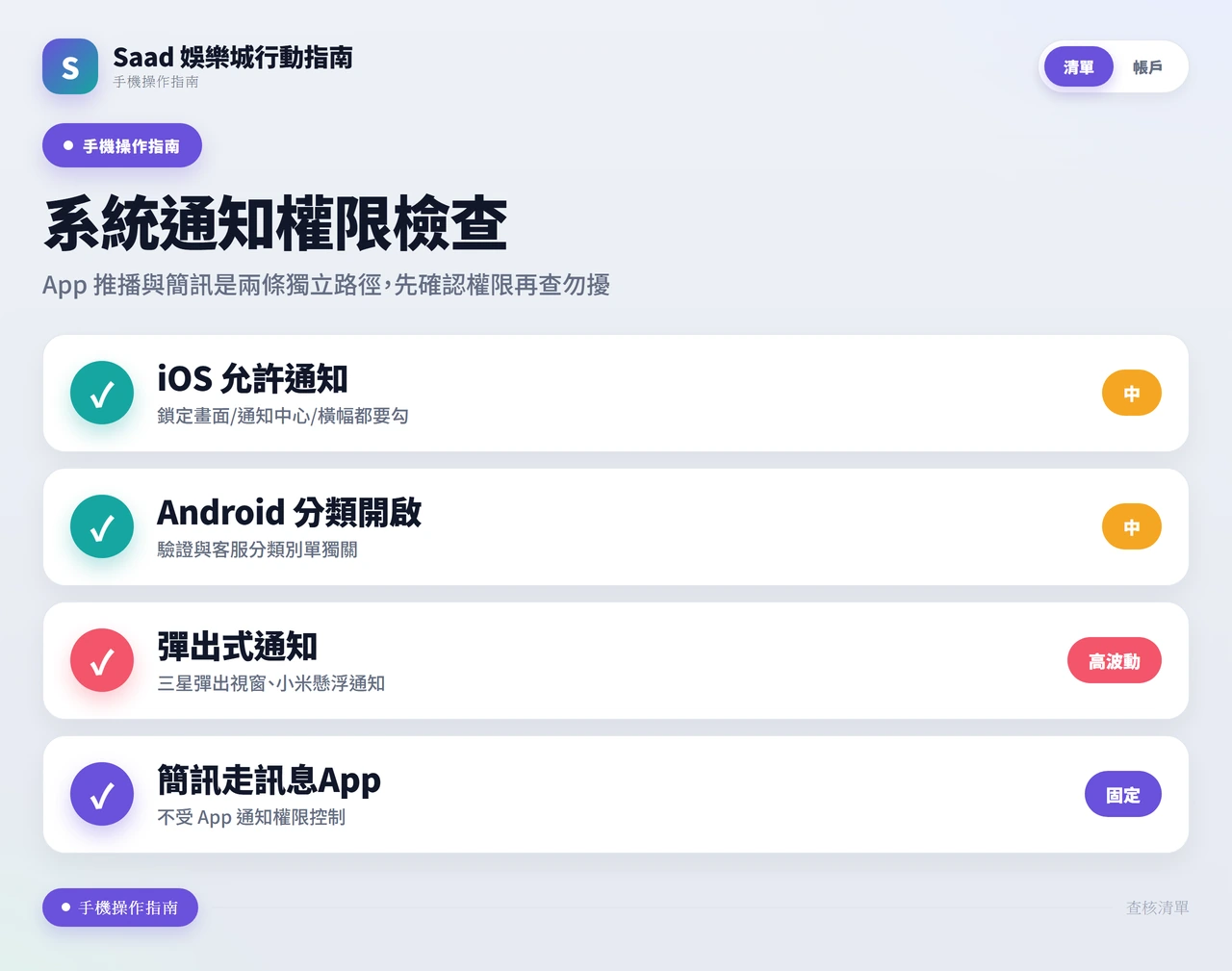 iOS 與 Android 通知權限檢查清單,含彈出式通知項目