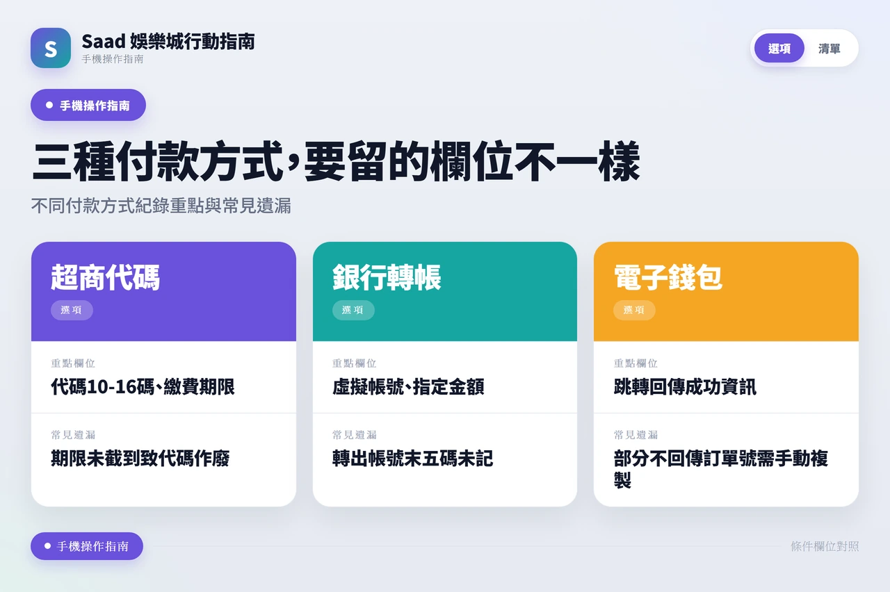 三種付款方式留存欄位比較表
