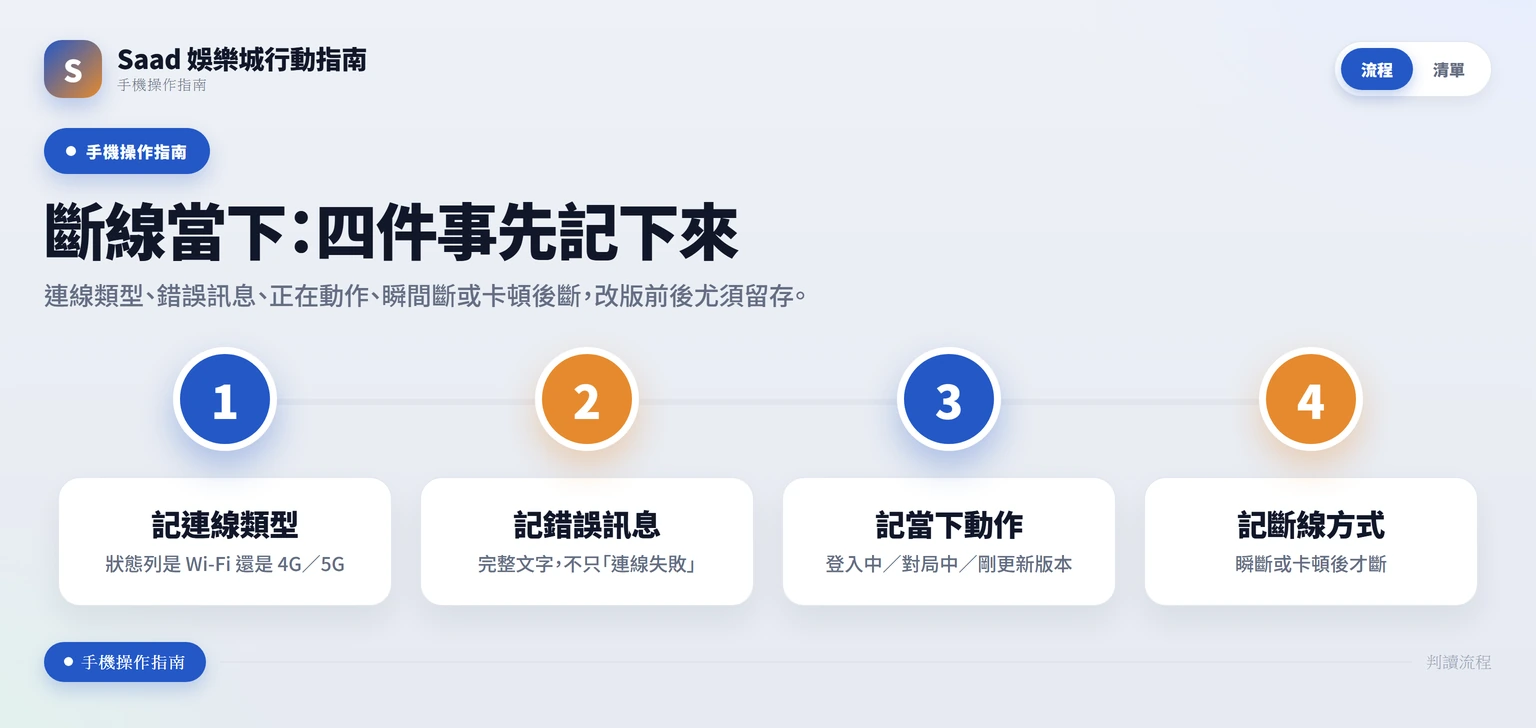 斷線當下記錄四件事的流程:連線類型、錯誤訊息、正在動作、斷線方式
